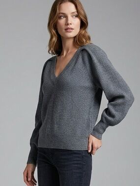 Halogen Super Soft Ribbed V Neck Sweater Gray Pullover XL